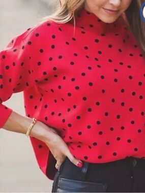 Maeve Red Sweater with Black Polka Dots